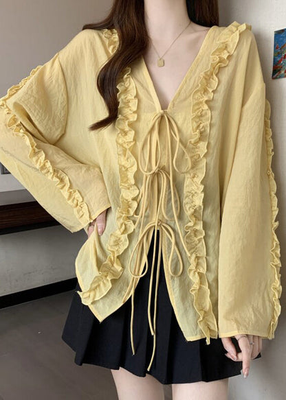 Light Yellow Tie Lace Chiffon Top V Neck Fall