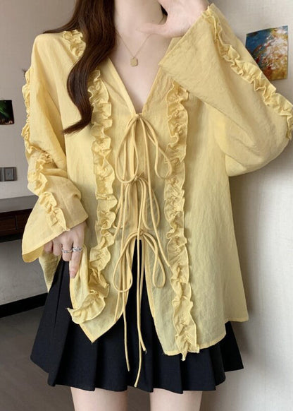 Light Yellow Tie Lace Chiffon Top V Neck Fall