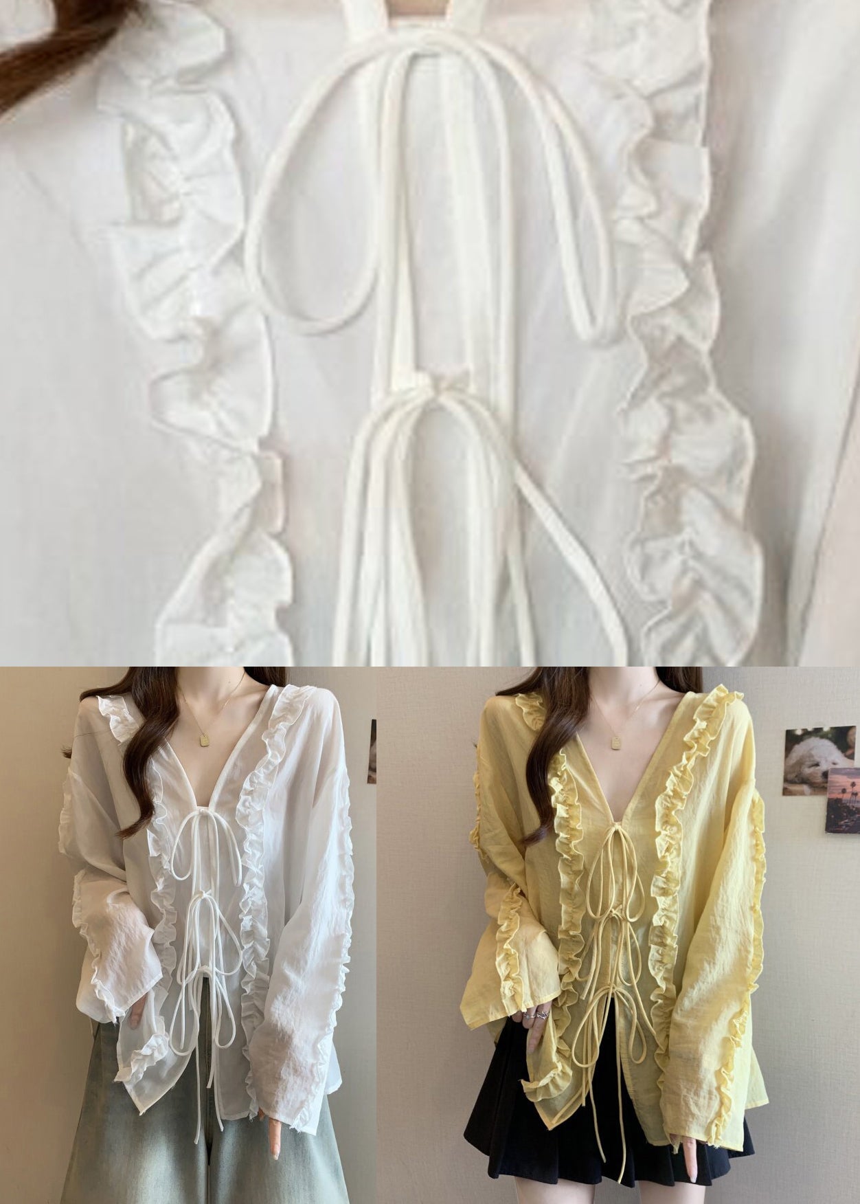Light Yellow Tie Lace Chiffon Top V Neck Fall