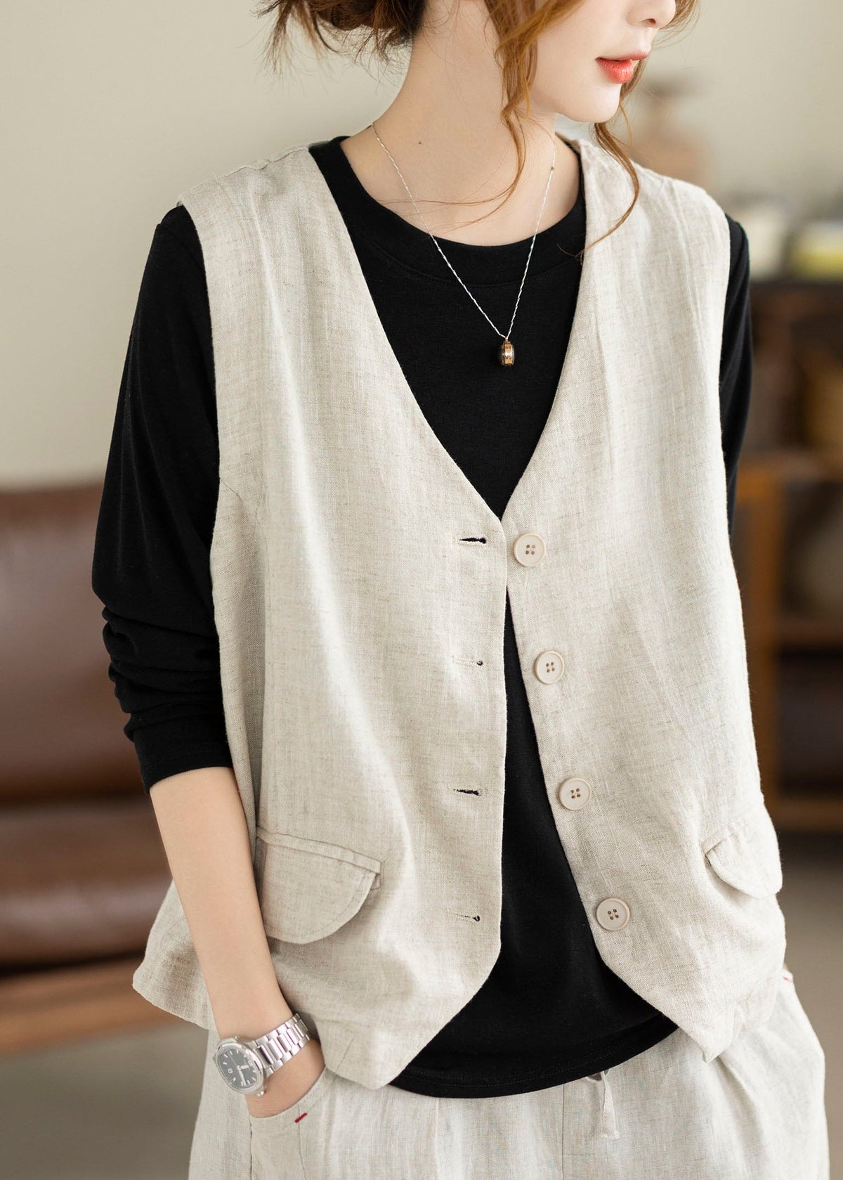 Linen Button Solid Waistcoat Sleeveless