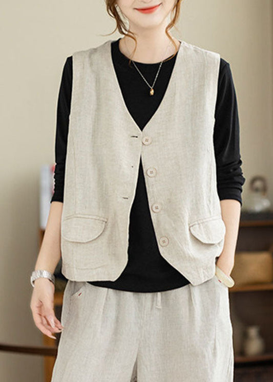 Linen Button Solid Waistcoat Sleeveless