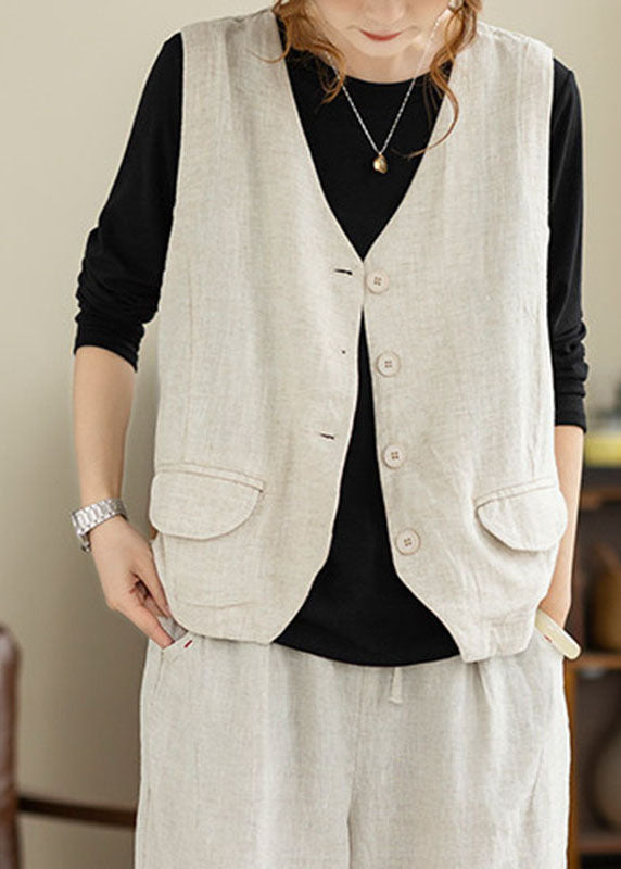 Linen Button Solid Waistcoat Sleeveless