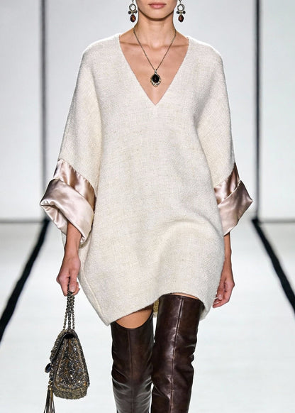 Linen Cozy Silk Patchwork Mini Dress V Neck