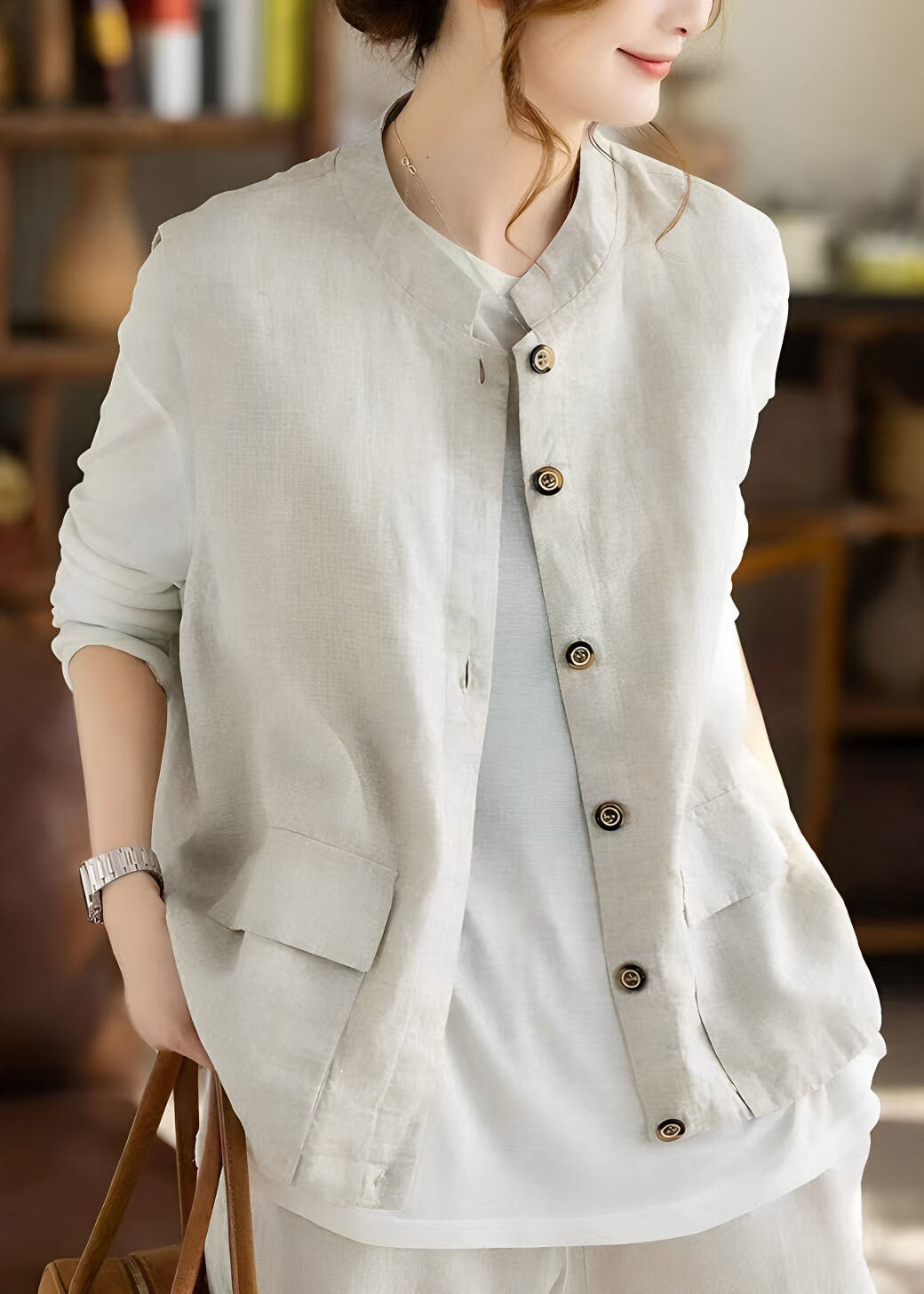 Linen Pockets Patchwork Solid Waistcoat Fall