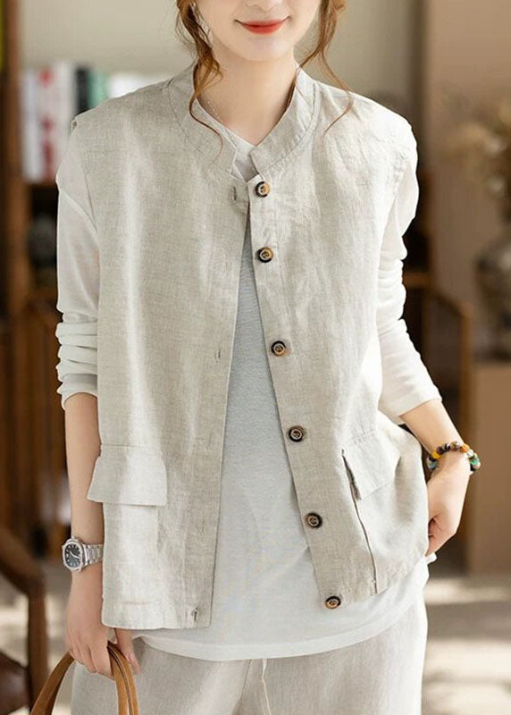 Linen Pockets Patchwork Solid Waistcoat Fall
