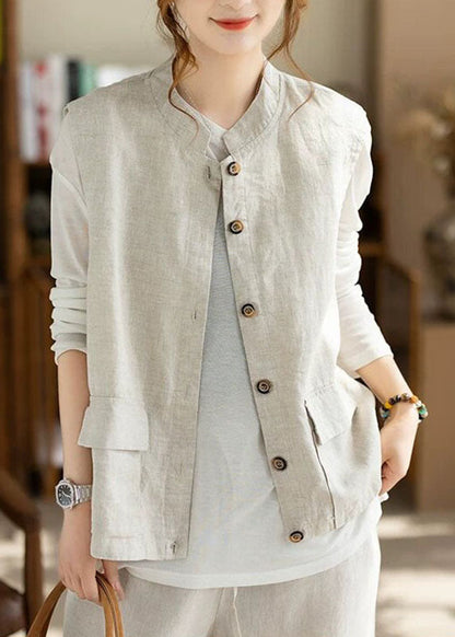 Linen Pockets Patchwork Solid Waistcoat Fall