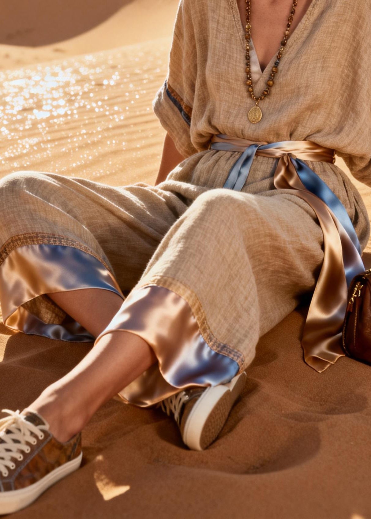 Linen Tie Waist Silk Patchwork Linen Jumpsuit V Neck Summer