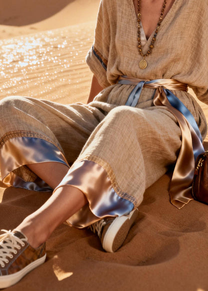 Linen Tie Waist Silk Patchwork Linen Jumpsuit V Neck Summer