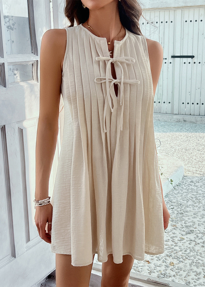 Loose Apricot Bow Wrinkled Cotton Mid Dress Sleeveless