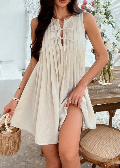 Loose Apricot Bow Wrinkled Cotton Mid Dress Sleeveless