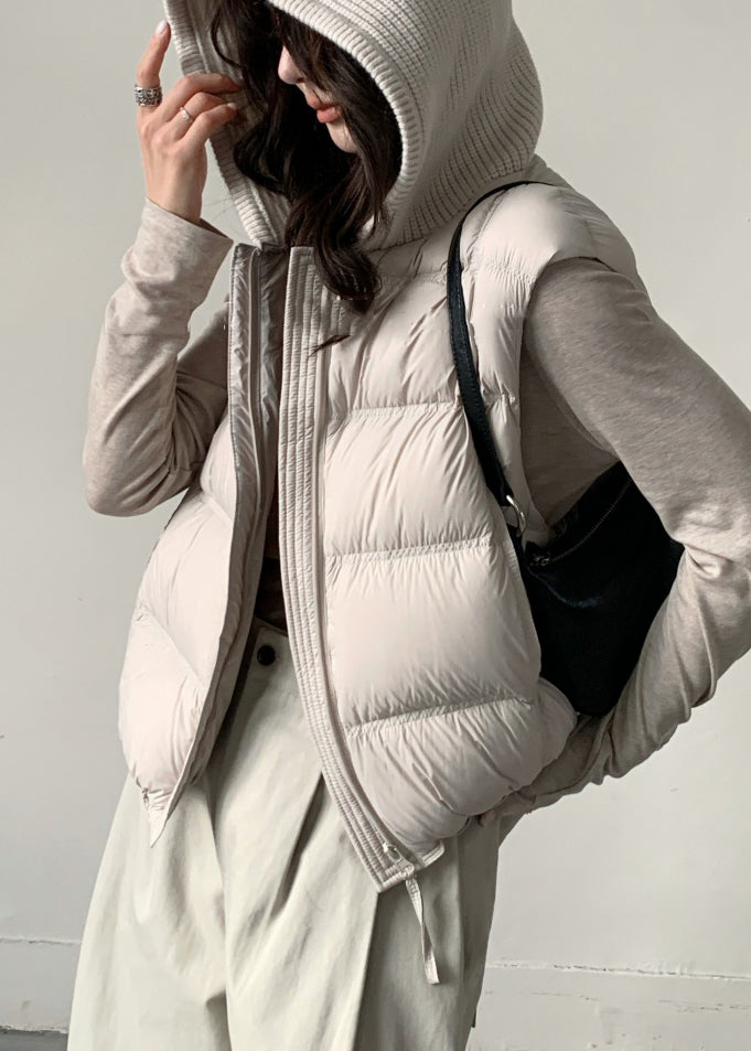 Loose Apricot Hooded Drawstring Patchwork Duck Down Waistcoat Winter