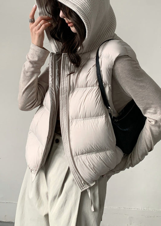 Loose Apricot Hooded Drawstring Patchwork Duck Down Waistcoat Winter