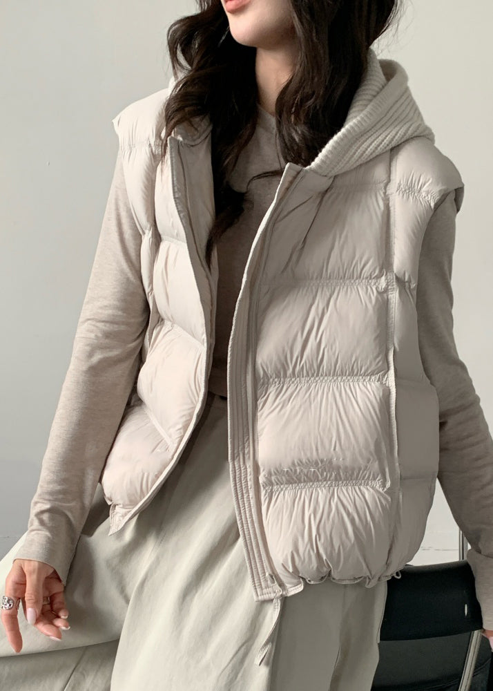 Loose Apricot Hooded Drawstring Patchwork Duck Down Waistcoat Winter
