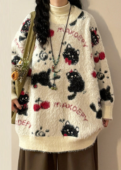Loose Apricot Jacquard Kitten Cherry Knit Sweater Winter