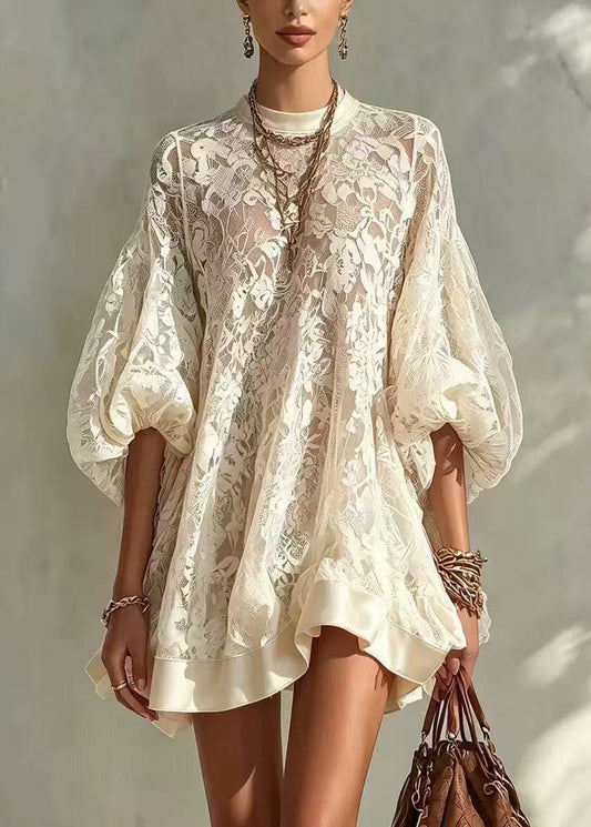 Loose Apricot O-Neck Lace Mini Dress Puff Sleeve