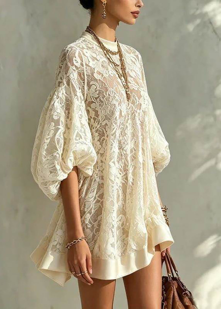 Loose Apricot O-Neck Lace Mini Dress Puff Sleeve