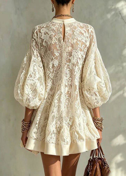 Loose Apricot O-Neck Lace Mini Dress Puff Sleeve