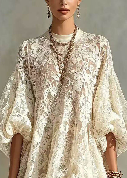 Loose Apricot O-Neck Lace Mini Dress Puff Sleeve