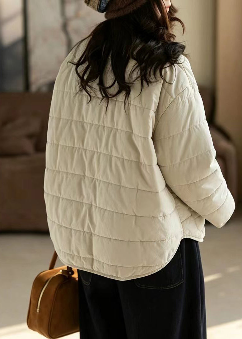 Loose Apricot O-Neck Pockets Quilted Cotton Filled Jackets Winter