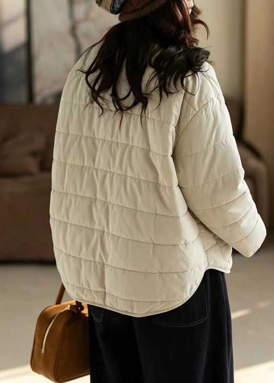 Loose Apricot O-Neck Pockets Quilted Cotton Filled Jackets Winter
