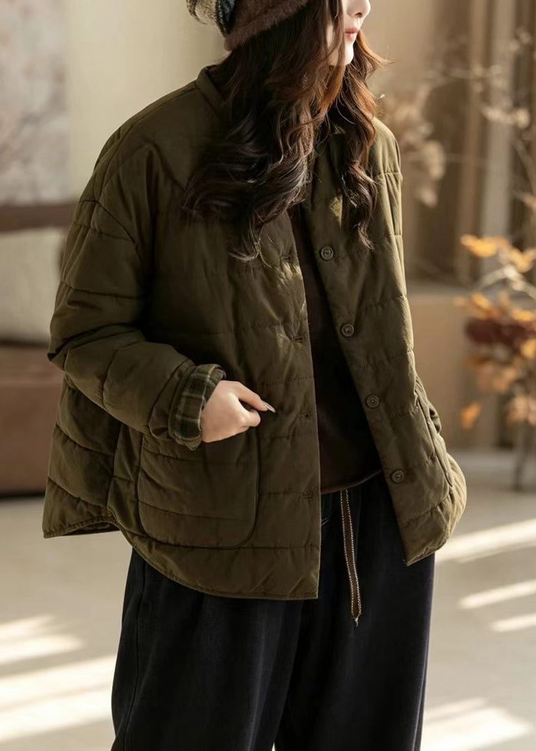 Loose Apricot O-Neck Pockets Quilted Cotton Filled Jackets Winter