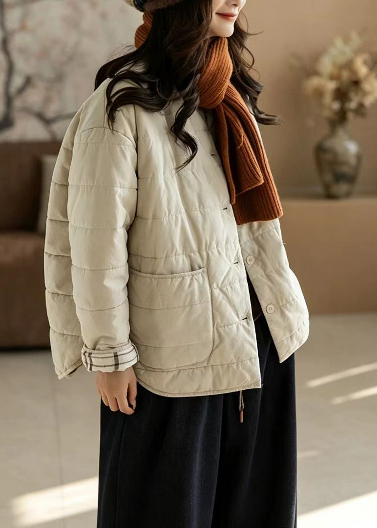 Loose Apricot O-Neck Pockets Quilted Cotton Filled Jackets Winter