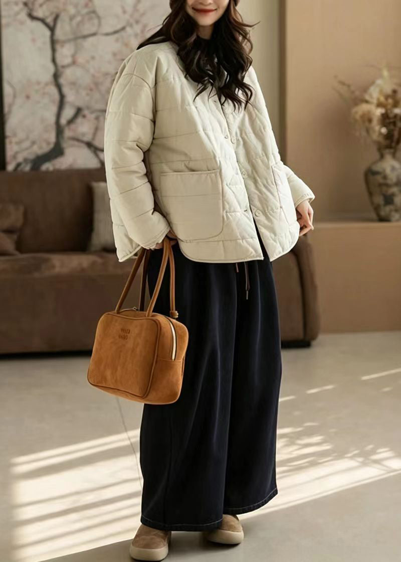 Loose Apricot O-Neck Pockets Quilted Cotton Filled Jackets Winter