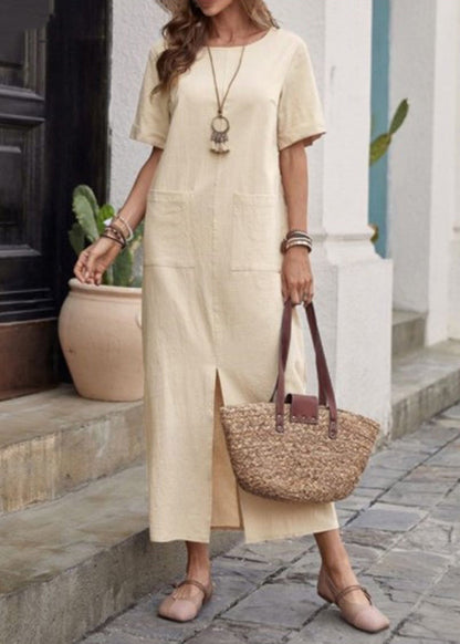 Loose Apricot Patchwork Vacation Long Dresses Short Sleeve