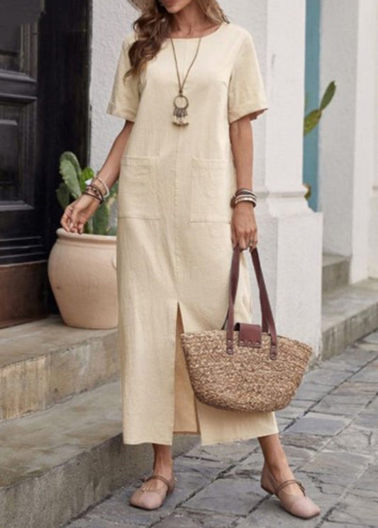 Loose Apricot Patchwork Vacation Long Dresses Short Sleeve