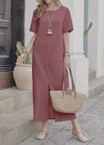 Loose Apricot Patchwork Vacation Long Dresses Short Sleeve