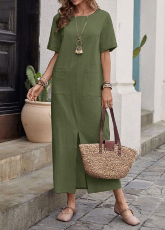 Loose Apricot Patchwork Vacation Long Dresses Short Sleeve