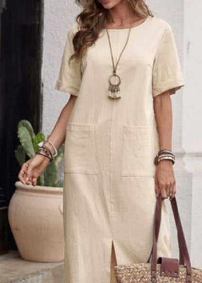 Loose Apricot Patchwork Vacation Long Dresses Short Sleeve