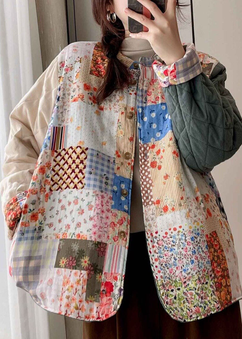 Loose Apricot Pockets Print Warm Fleece Coats Winter