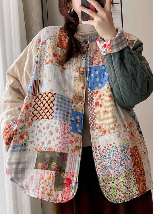 Loose Apricot Pockets Print Warm Fleece Coats Winter