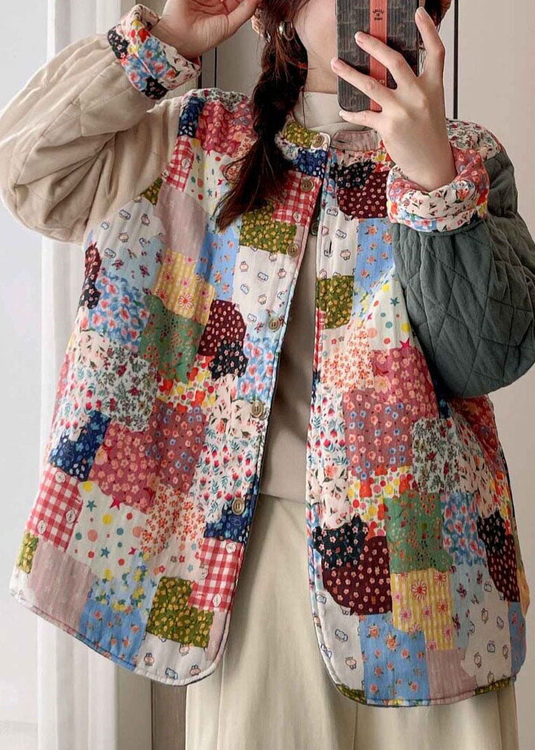 Loose Apricot Pockets Print Warm Fleece Coats Winter