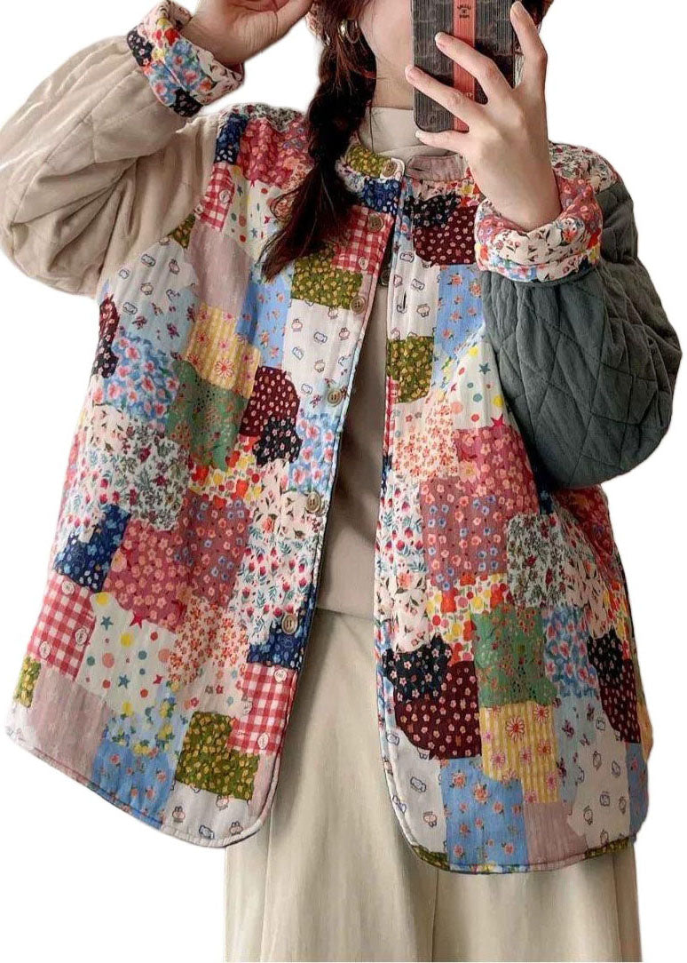 Loose Apricot Pockets Print Warm Fleece Coats Winter