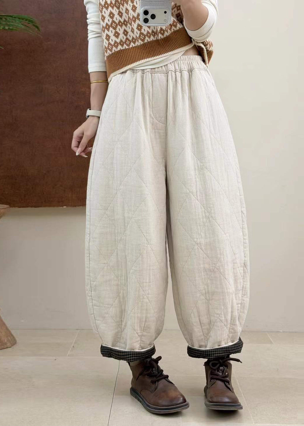 Loose Apricot Quilted Elastic Waist Cotton Filled Harem Crop Pants Fall