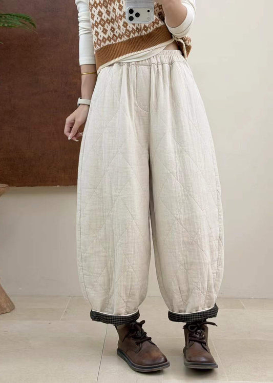 Loose Apricot Quilted Elastic Waist Cotton Filled Harem Crop Pants Fall