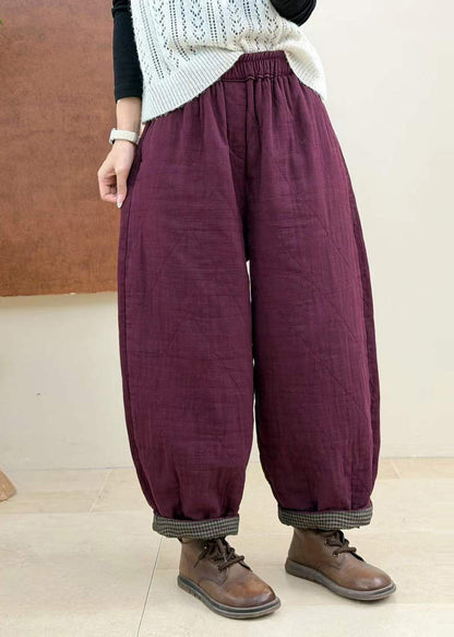 Loose Apricot Quilted Elastic Waist Cotton Filled Harem Crop Pants Fall