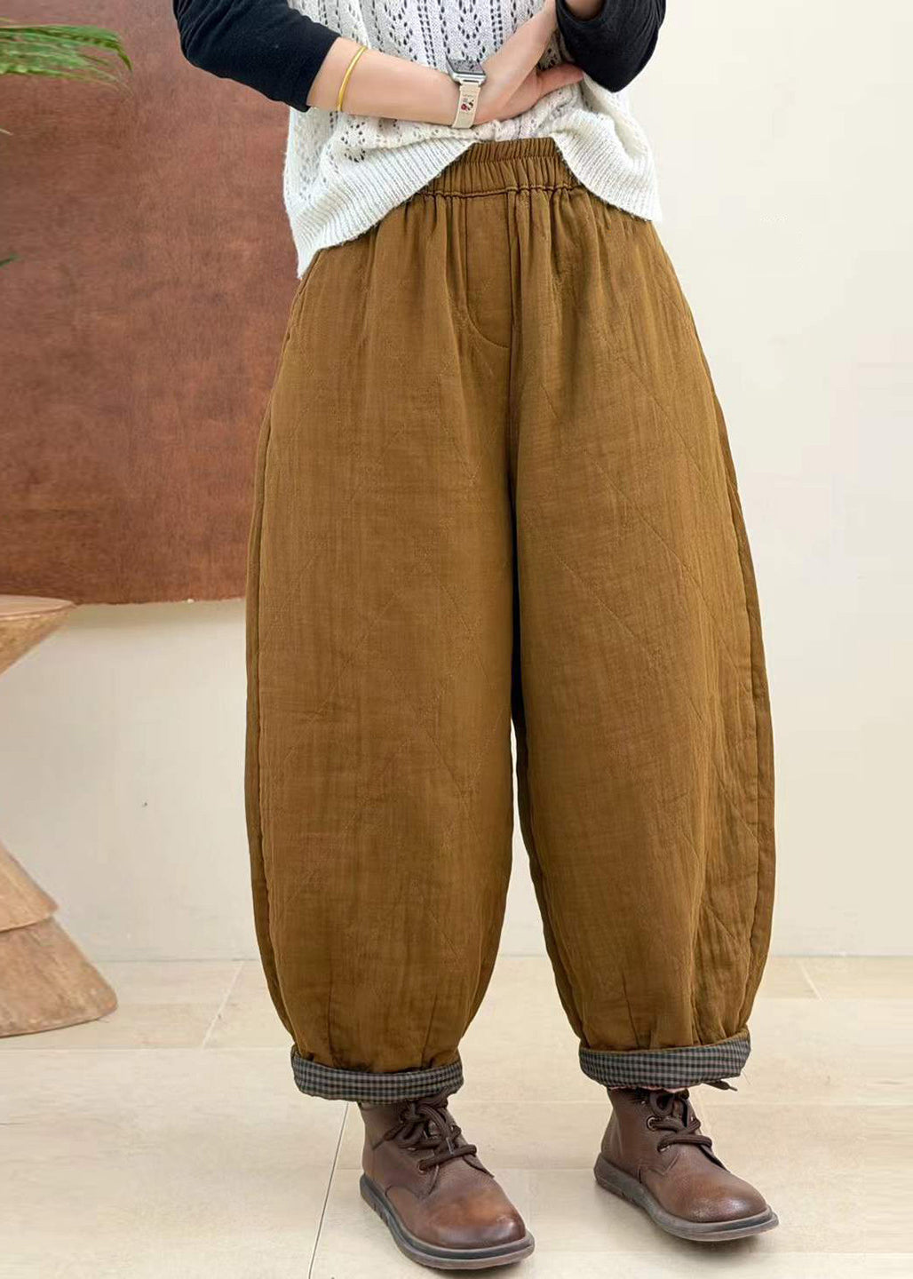 Loose Apricot Quilted Elastic Waist Cotton Filled Harem Crop Pants Fall