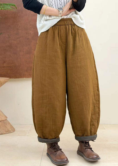 Loose Apricot Quilted Elastic Waist Cotton Filled Harem Crop Pants Fall