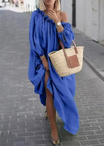 Loose Apricot Slash Neck Cotton Maxi Dresses Long Sleeve