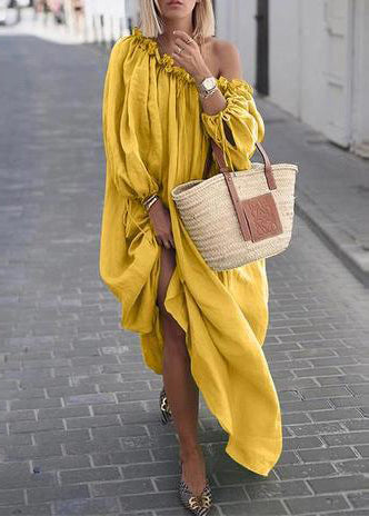 Loose Apricot Slash Neck Cotton Maxi Dresses Long Sleeve