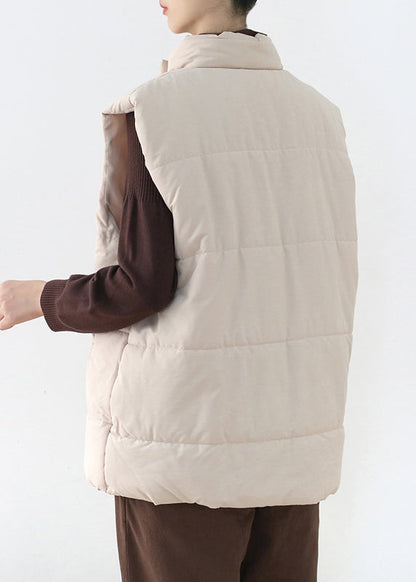 Loose Apricot Stand Collar Zippered Warm Thick Parka Waistcoat Winter