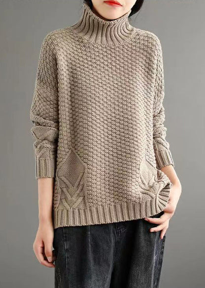 Loose Apricot Turtleneck Patchwork Knitted Cotton Sweaters Fall