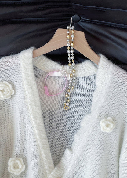 Loose Apricot V Neck Button Floral Knit Cardigan Fall