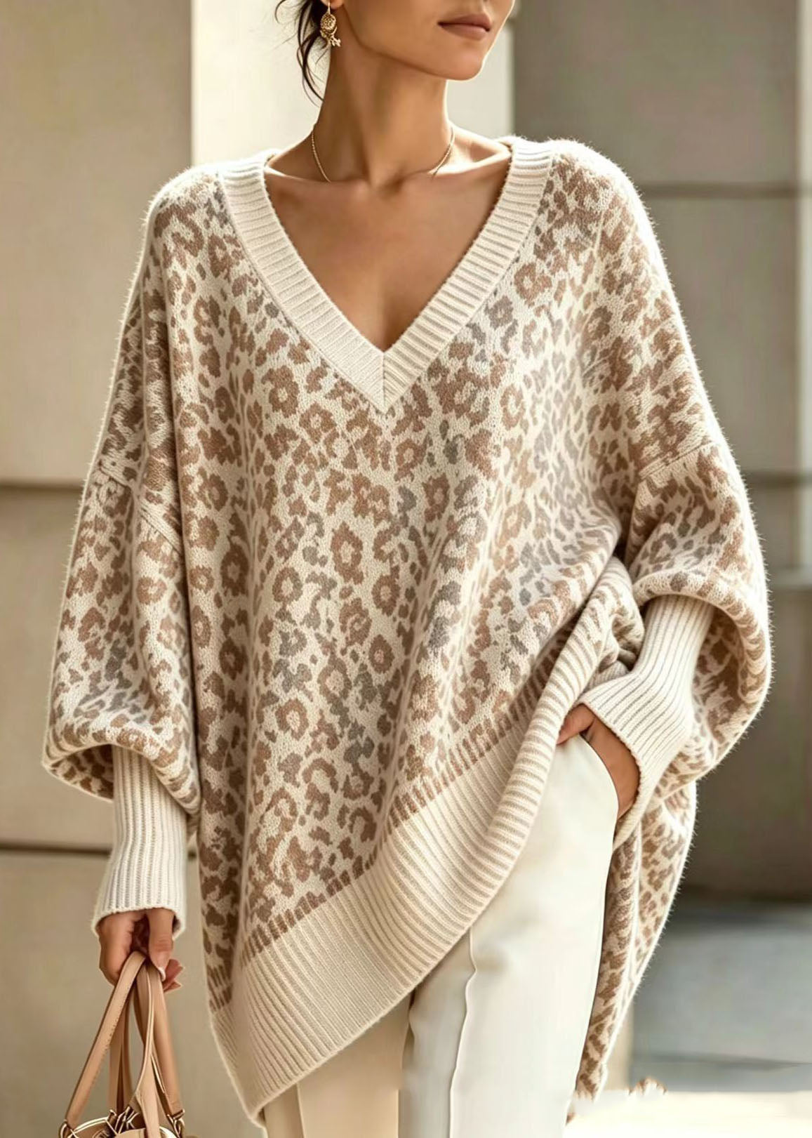 Loose Apricot V Neck Print Cotton Knit Sweaters Winter