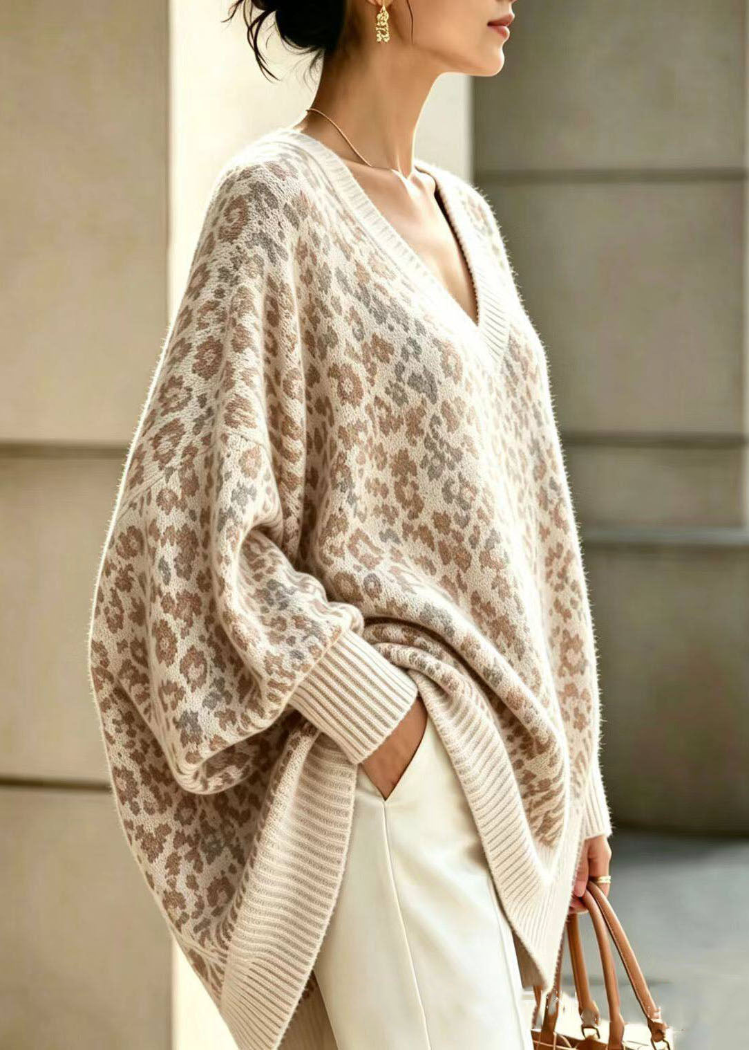 Loose Apricot V Neck Print Cotton Knit Sweaters Winter