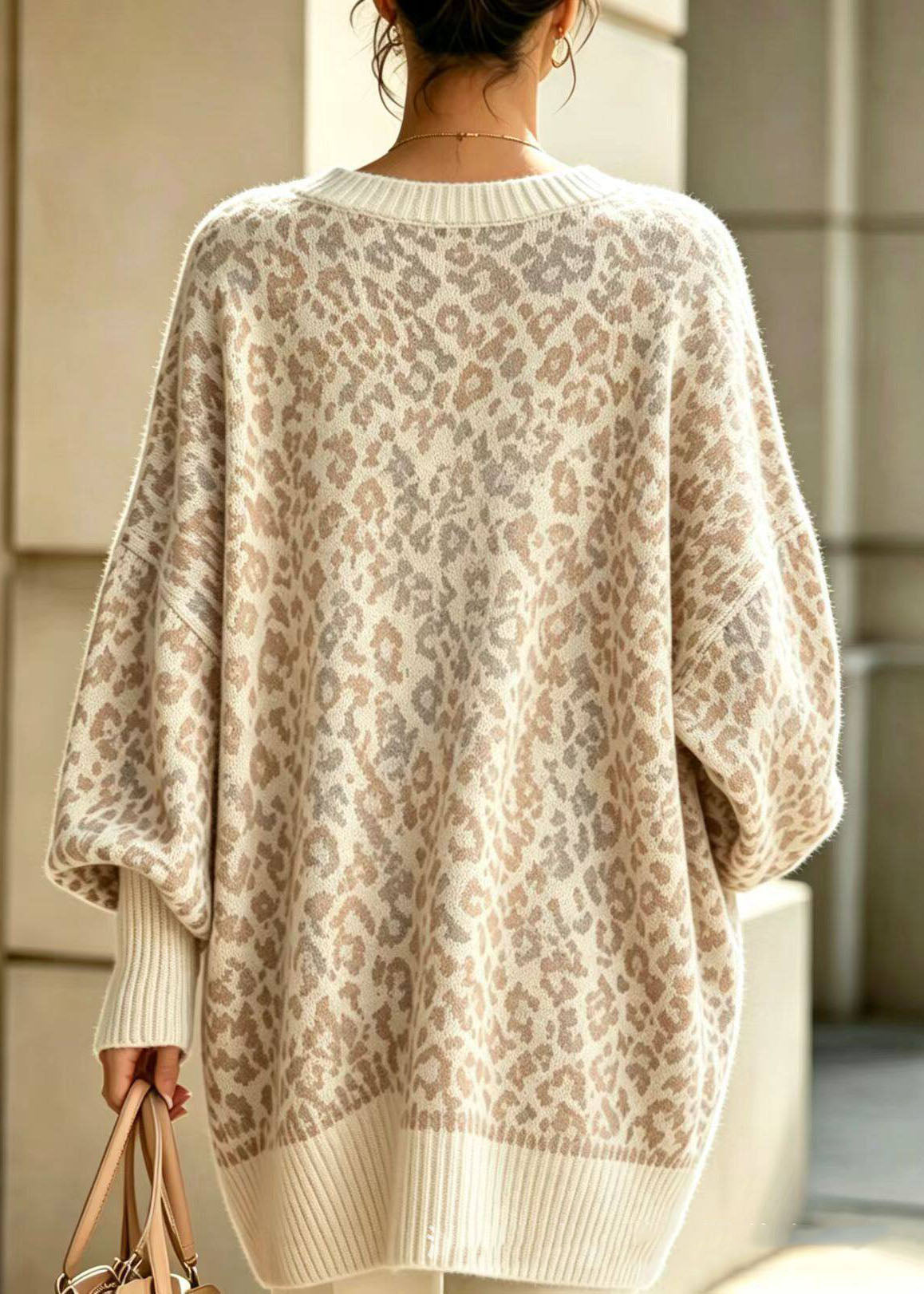 Loose Apricot V Neck Print Cotton Knit Sweaters Winter