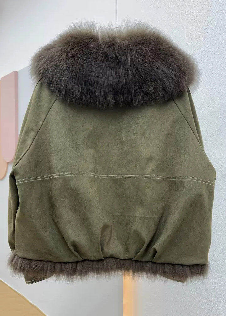 Loose Army Green Fur Collar Patchwork Fine Cotton Winter Coats Winter
